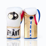 Grant White and Gold Boxing Gloves, Red-White-Blue Thumb Trim