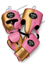 No Boxing No Life Pink & Gold Split Gloves, Headgear and Groin Set