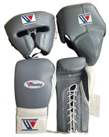 Winning Gray Boxing Set with White Cuff Lace-Up Gloves