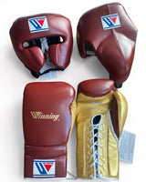 Winning Burgundy Sparring Set with Gold Palm Lace-Up Gloves