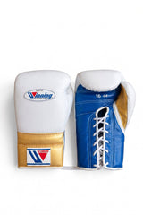 Winning White Boxing Gloves, Royal Blue Palm, Gold Cuff
