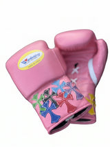 Winning Pink Boxing Gloves with Multicolor Cross Patches