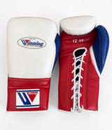 Winning White Lace-Up Gloves with Red Palm and Blue Thumb