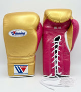 Winning Metallic Gold and Magenta Palm Lace-Up Gloves
