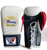 Winning White and Navy Lace-Up Gloves, Red Thumb Accent