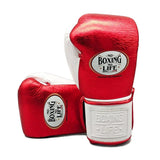 No Boxing No Life Metallic Red Velcro Gloves with White Strap
