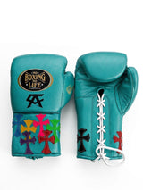 No Boxing No Life Teal Gloves with Multicolor Cross Patches
