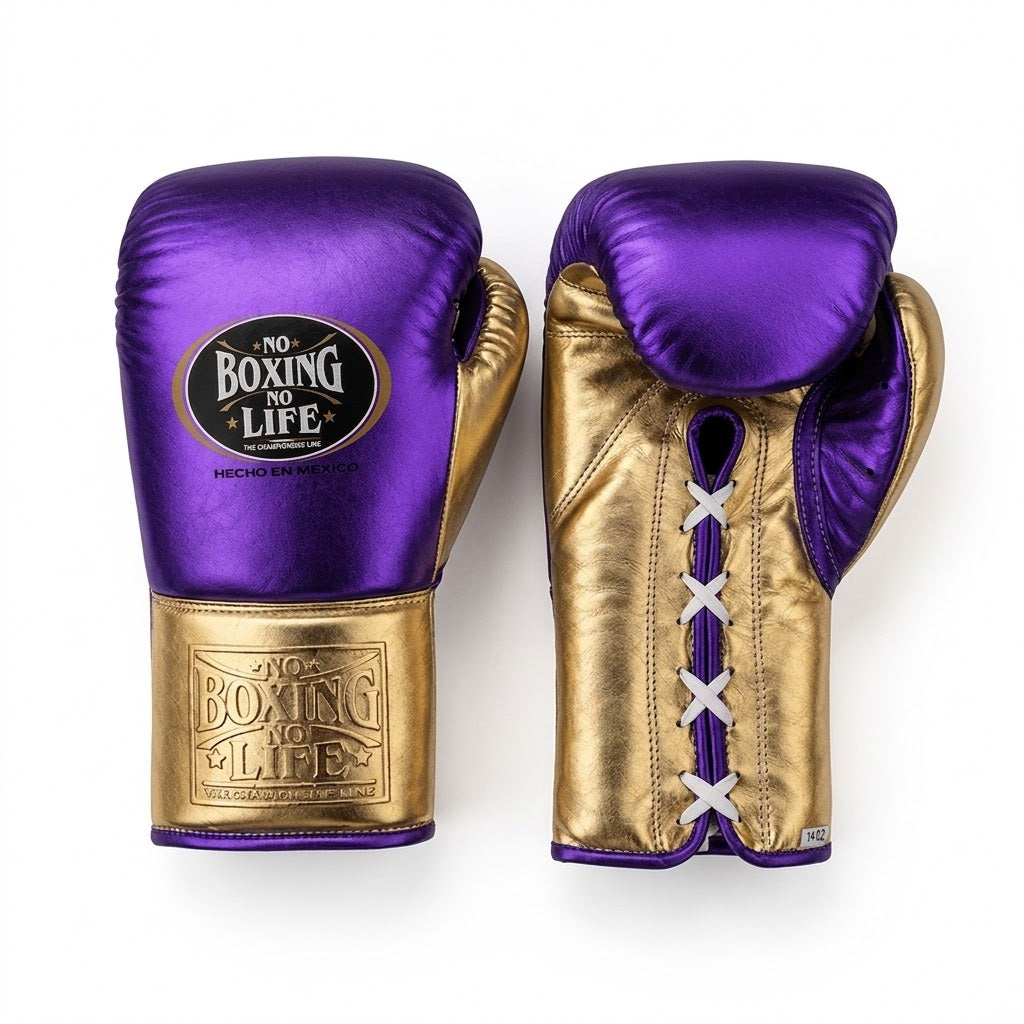 No Boxing No Life metallic purple boxing gloves with gold palm and cuff