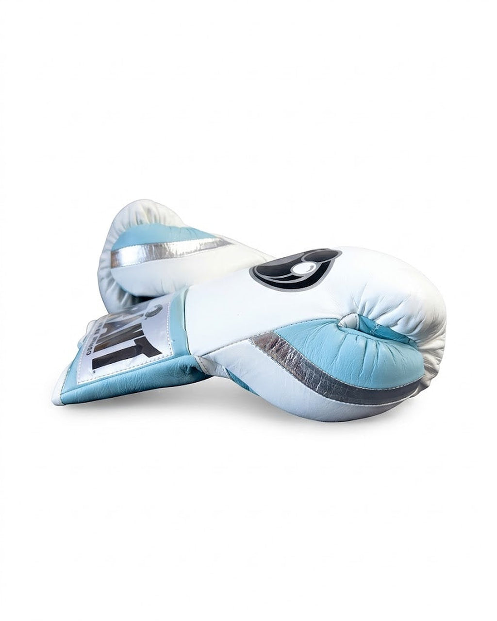 Grant boxing gloves with a white back and pastel light blue palm, shown in lace-up style - side view