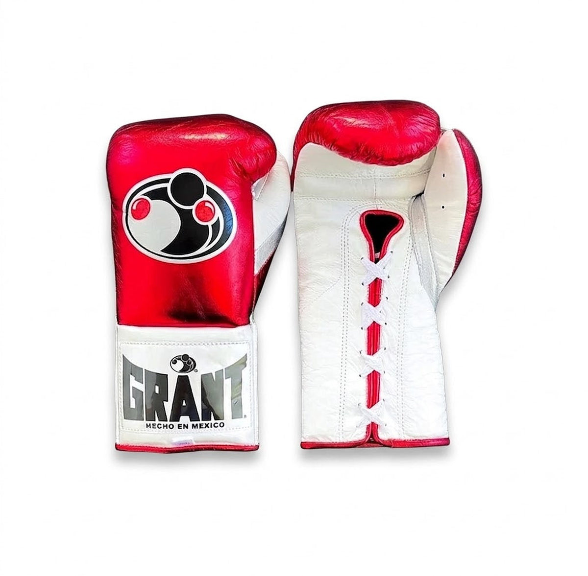 Grant boxing gloves with a metallic red back, white palm and red laces
