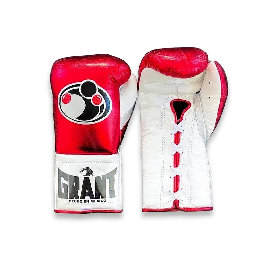 Grant boxing gloves with a metallic red back, white palm and red laces
