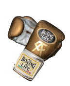 No Boxing No Life metallic bronze lace-up boxing gloves with a cream cuff and white monogram