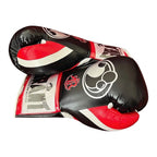 Grant black lace-up boxing gloves with red cuff band, red emblem on the cuff and red inner thumb - side view