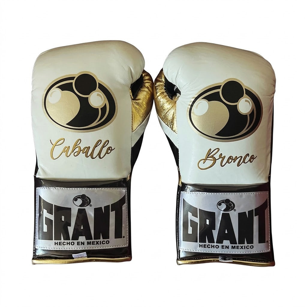 Grant cream white lace-up gloves, headgear and groin guard with gold script sample names - palm and closure detail