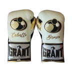 Grant cream white lace-up gloves, headgear and groin guard with gold script sample names - palm and closure detail