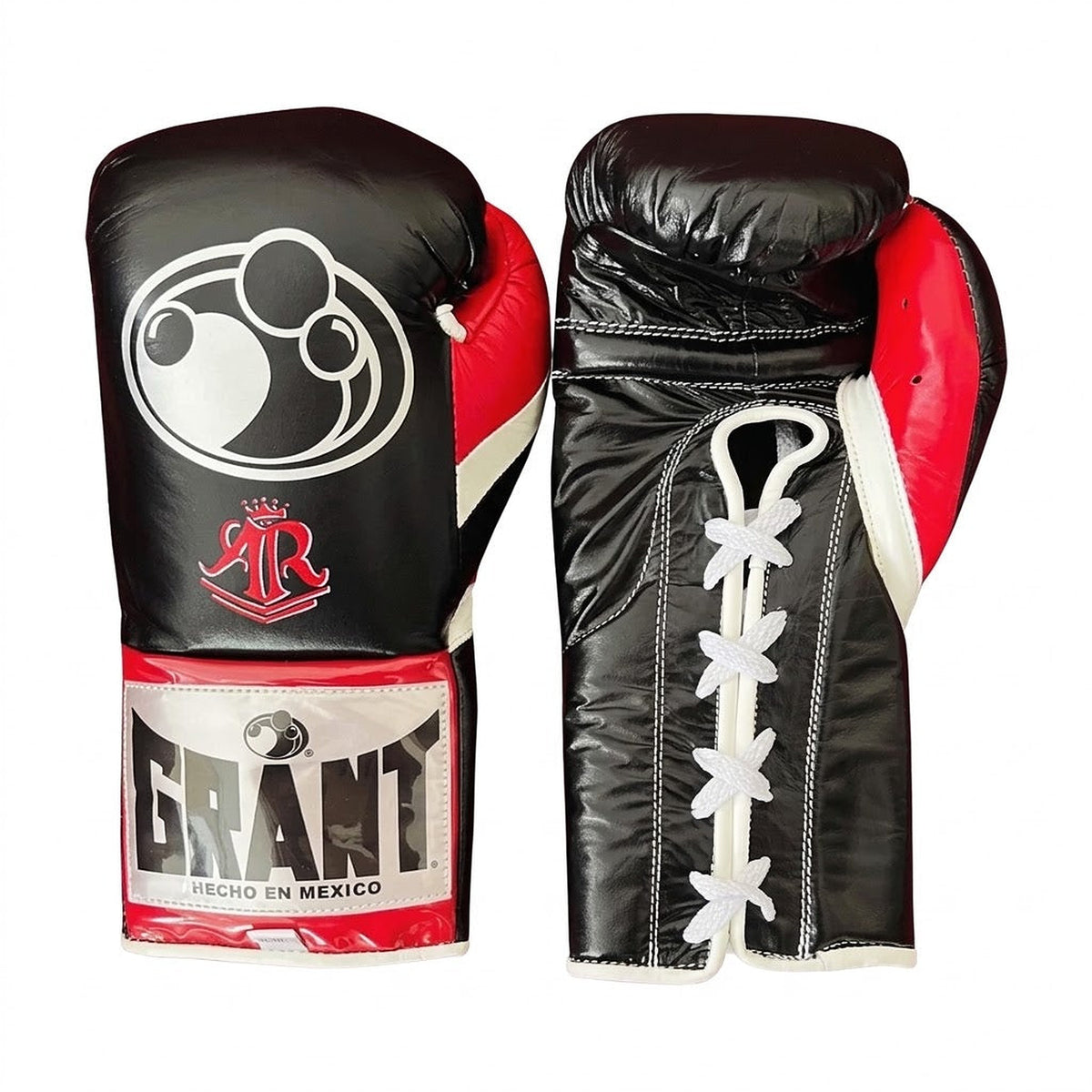 Grant black lace-up boxing gloves with red cuff band, red emblem on the cuff and red inner thumb