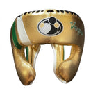 Grant metallic gold lace-up gloves, headgear and groin guard trimmed in green and white - palm and closure detail