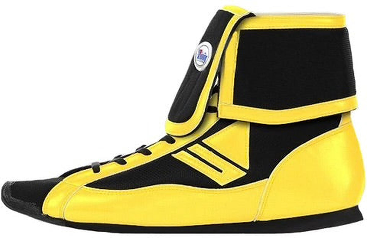 Winning FOLD Type mid-cut boxing shoes in bright yellow and black with yellow-trimmed collar