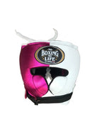 No Boxing No Life lace-up gloves, headgear and groin guard split between metallic fuchsia and white - side view