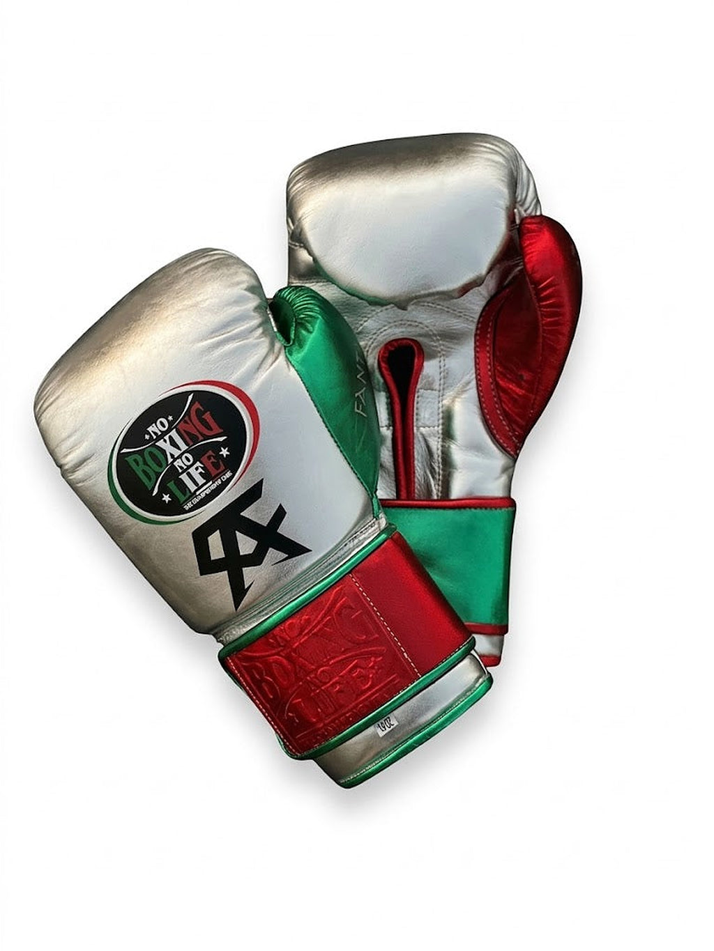No Boxing No Life metallic silver Velcro gloves with green, white and red cuff and black monogram - palm and closure detail