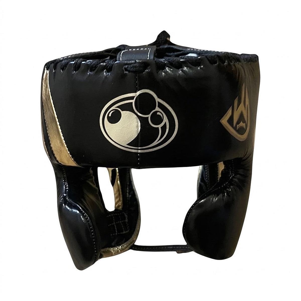 Grant black lace-up boxing gloves showing metallic gold palms, with matching black headgear and groin guard - alternate angle