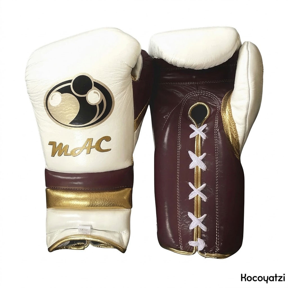 Grant cream boxing glove with chocolate brown palm, gold cuff band and sample MAC name print