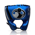 Grant metallic blue boxing set with silver trim on lace-up gloves and matching headgear - palm and closure detail