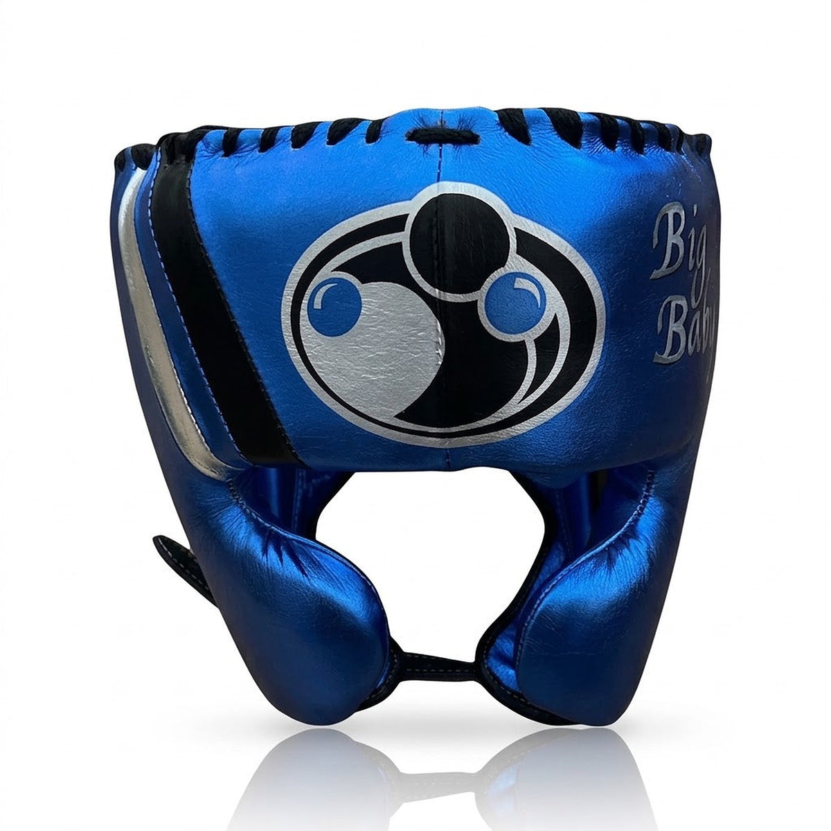 Grant metallic blue boxing set with silver trim on lace-up gloves and matching headgear - palm and closure detail