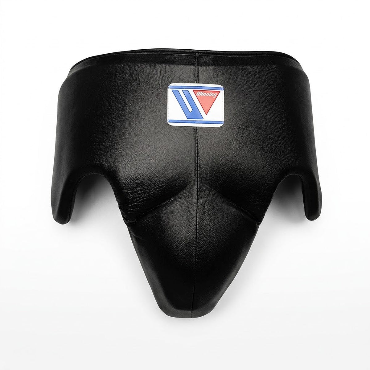 Winning full black groin guard with wide waistband and padded cup on a plain background