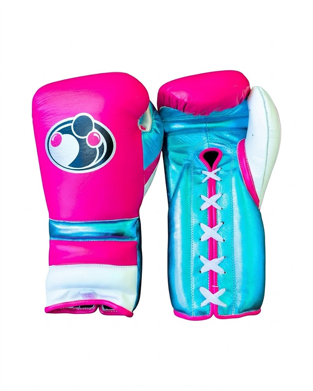 Grant hot pink boxing gloves with turquoise palm, white laces and aqua stripe on the cuff