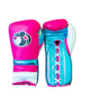 Grant hot pink boxing gloves with turquoise palm, white laces and aqua stripe on the cuff
