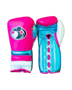 Grant hot pink boxing gloves with turquoise palm, white laces and aqua stripe on the cuff