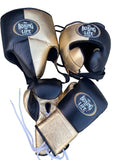No Boxing No Life lace-up gloves, headgear and groin guard split between deep navy and champagne gold