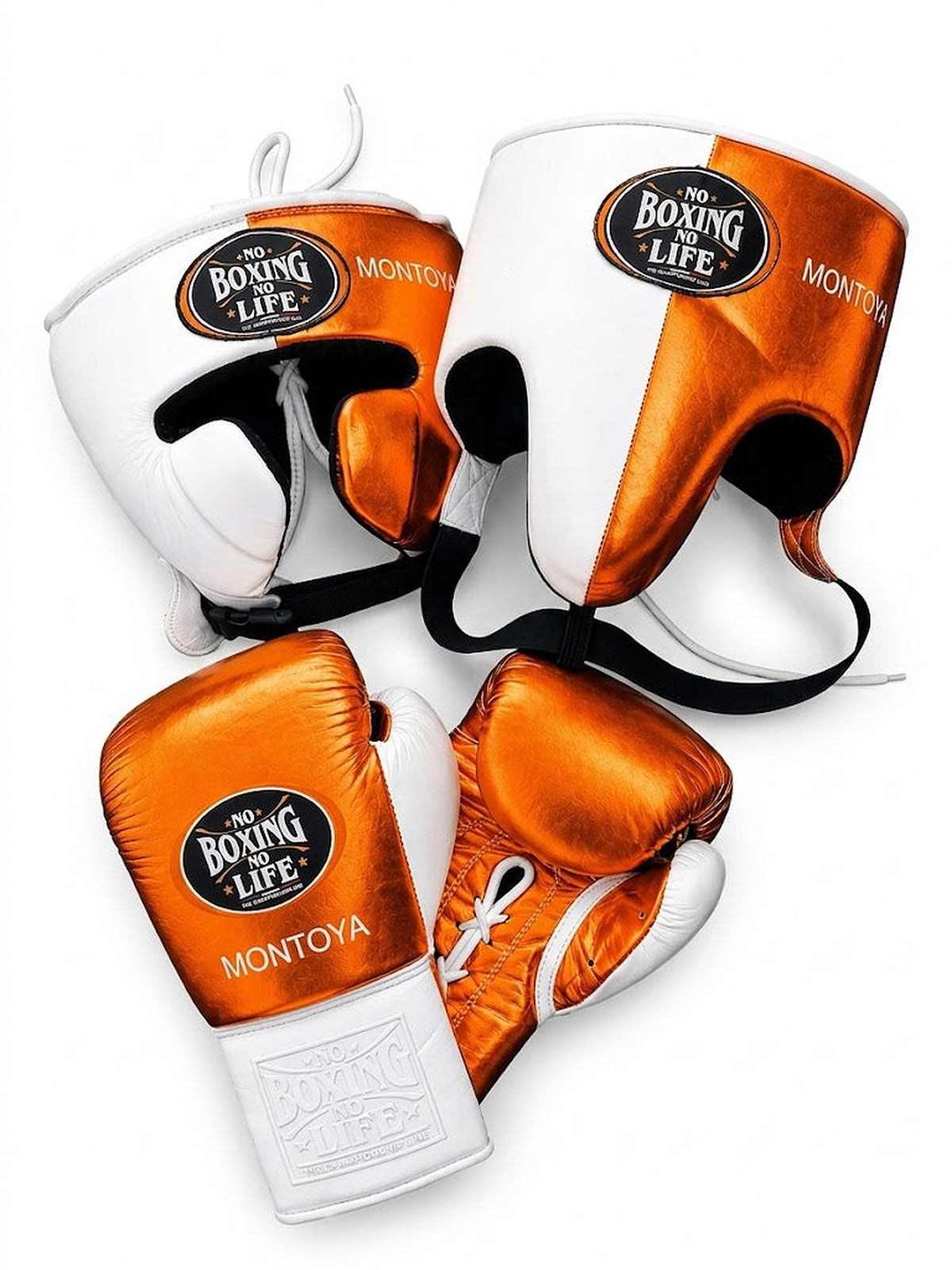 No Boxing No Life lace-up gloves, headgear and groin guard split half metallic orange and half white