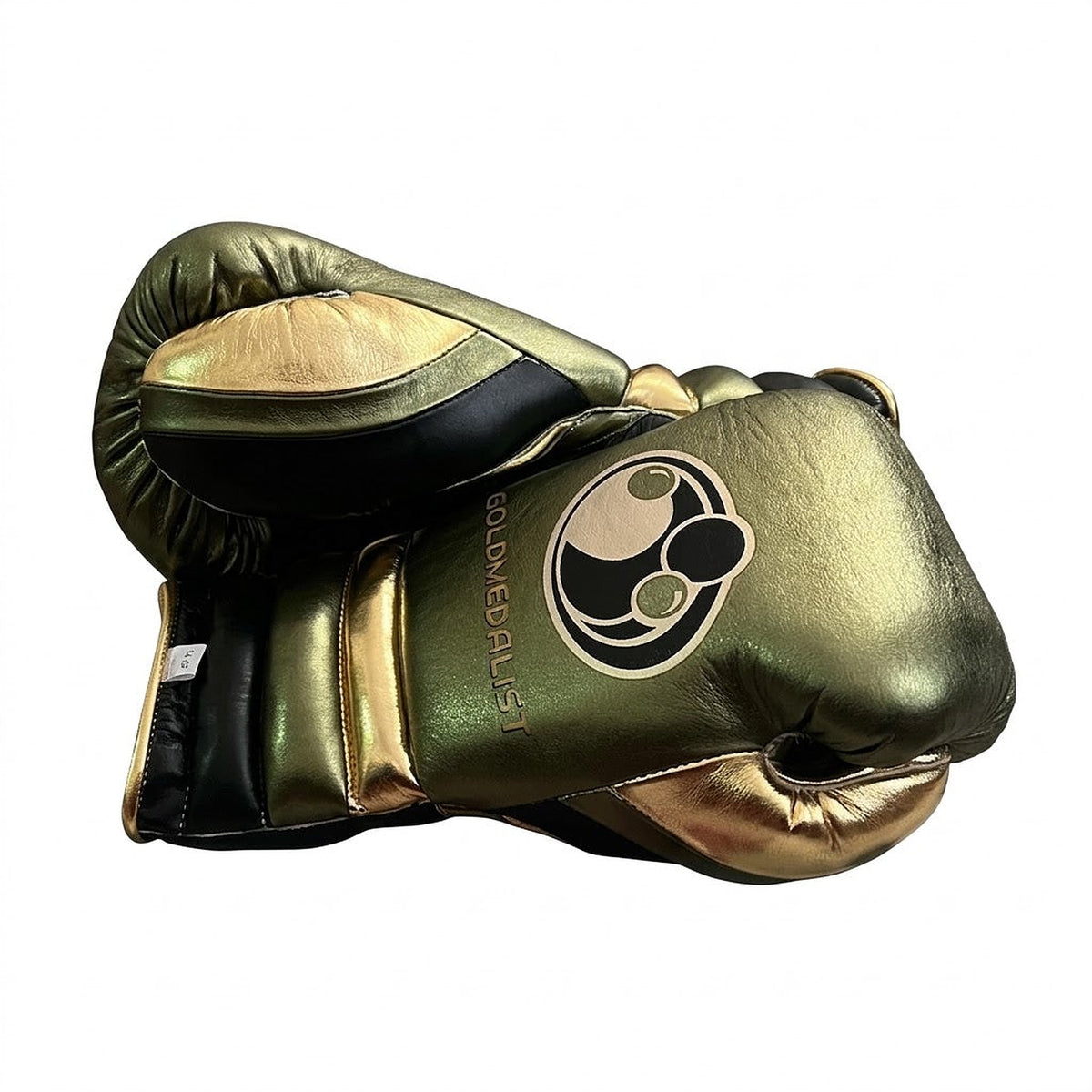 Grant metallic olive green lace-up boxing gloves with black and gold palms, matching headgear and groin guard - side view