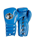 Grant royal blue lace-up boxing gloves with matching solid blue headgear and groin guard, Grant logo visible - side view