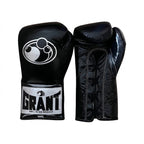Grant full black lace-up boxing gloves with black laces and white logo on the cuff patch