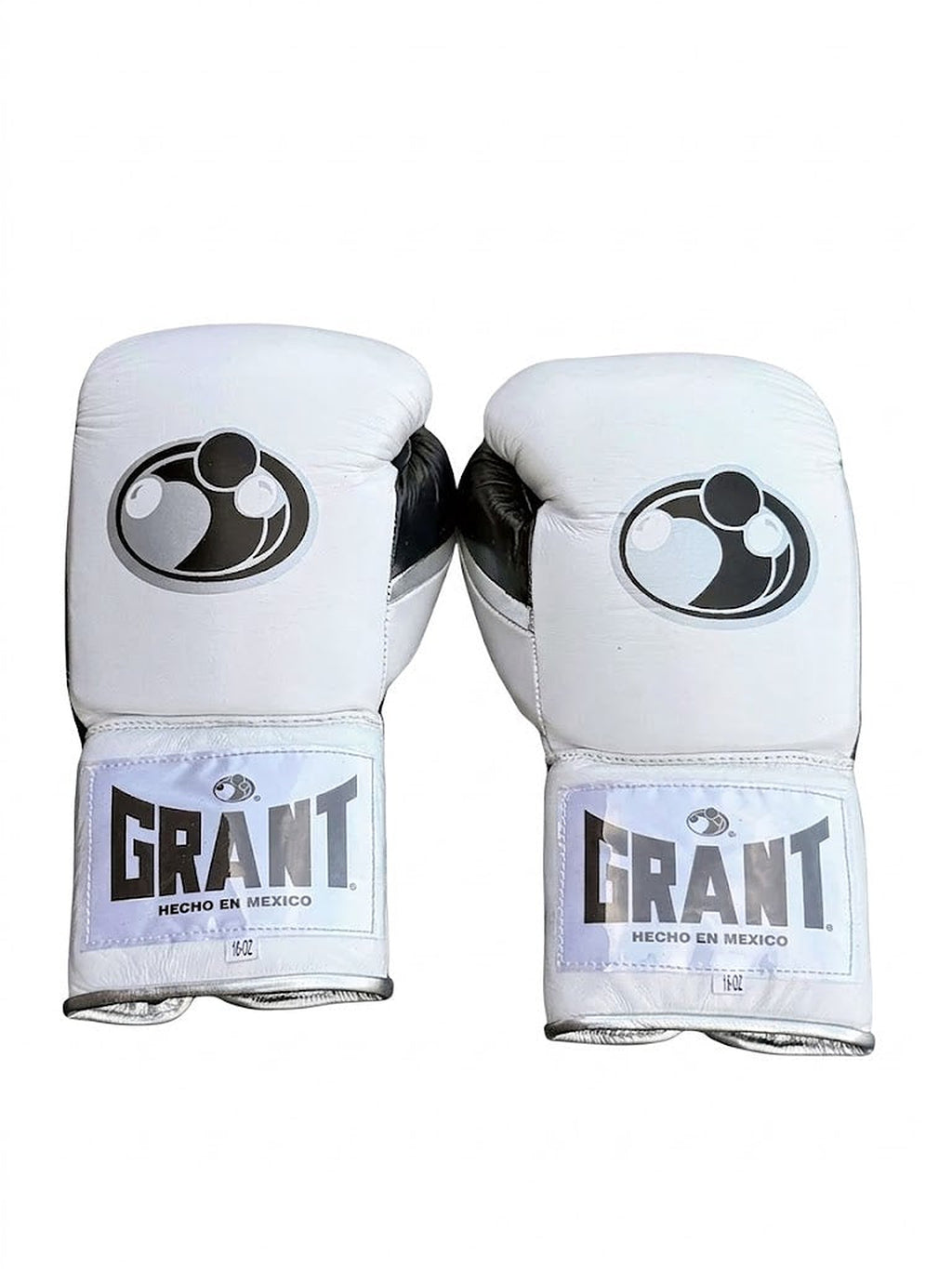 Grant boxing gloves with white back, black palm and white laces, classic two-tone lace-up design - side view