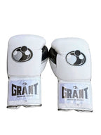 Grant boxing gloves with white back, black palm and white laces, classic two-tone lace-up design - side view