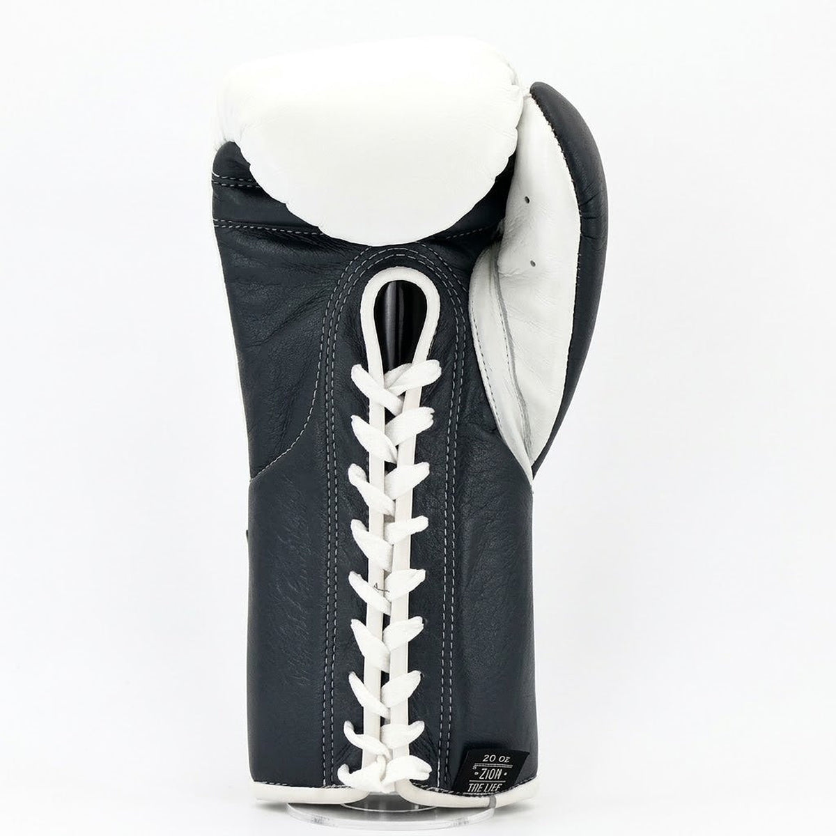 No Boxing No Life lace-up boxing gloves with white back and slate gray palm and cuff - side view