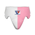 Winning groin guard split into a white half and a clear pink half, wide waistband on top, front view