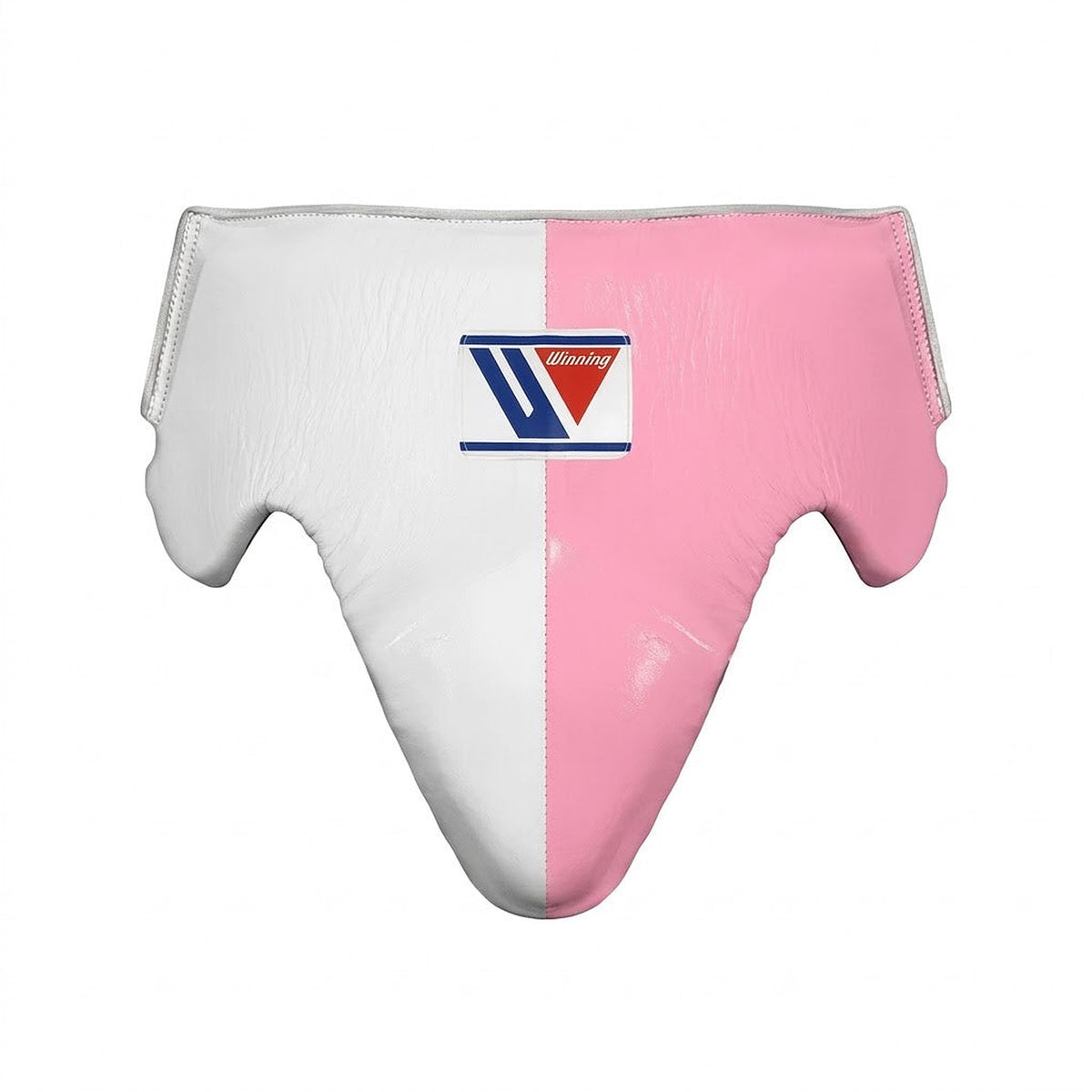 Winning groin guard split into a white half and a clear pink half, wide waistband on top, front view