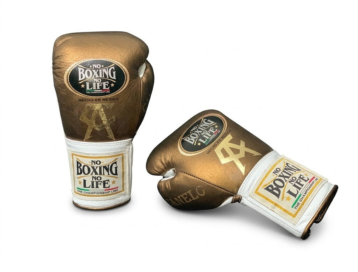 No Boxing No Life metallic bronze lace-up boxing gloves with a cream cuff and white monogram - side view