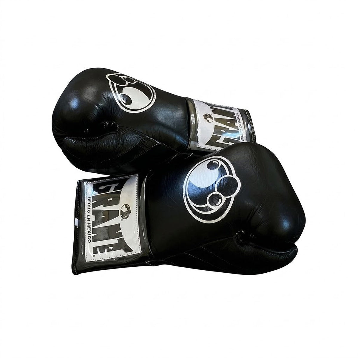 Grant full black lace-up boxing gloves with black laces and white logo on the cuff patch - close-up of logo and cuff