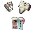 Grant metallic silver lace-up boxing gloves and headgear with pink and light blue accents, plus groin guard