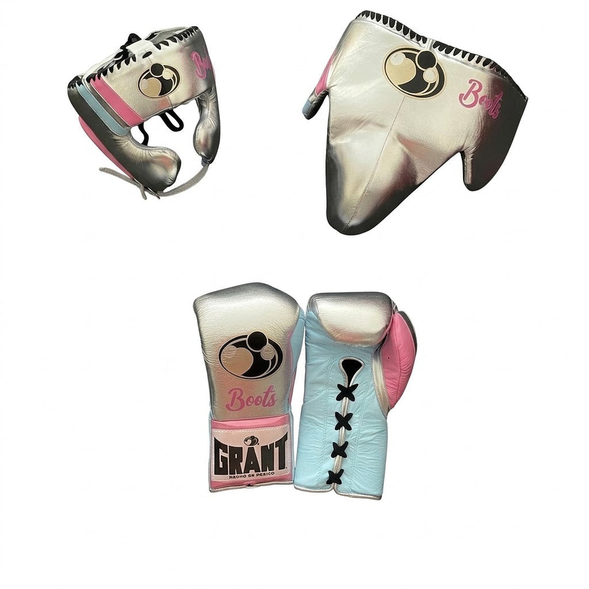 Grant metallic silver lace-up boxing gloves and headgear with pink and light blue accents, plus groin guard