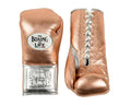 No Boxing No Life metallic rose-copper lace-up boxing gloves with silver cuff and white laces