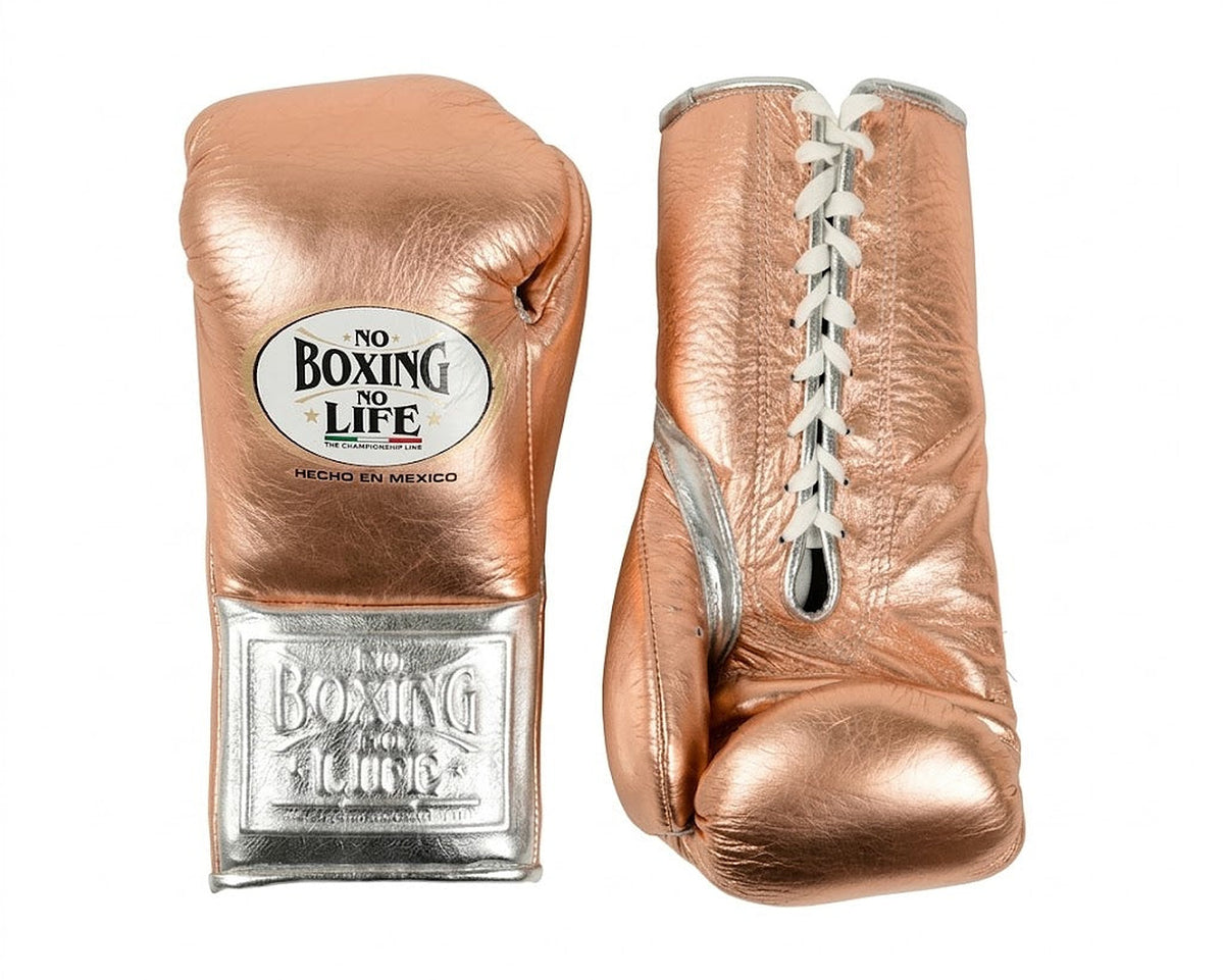No Boxing No Life metallic rose-copper lace-up boxing gloves with silver cuff and white laces
