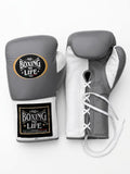 No Boxing No Life gray lace-up boxing gloves with white palm and black patch on the cuff