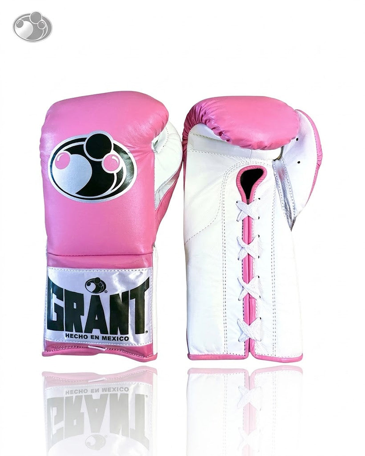 Grant pink lace-up boxing gloves with white palm and matching pink laces down the center